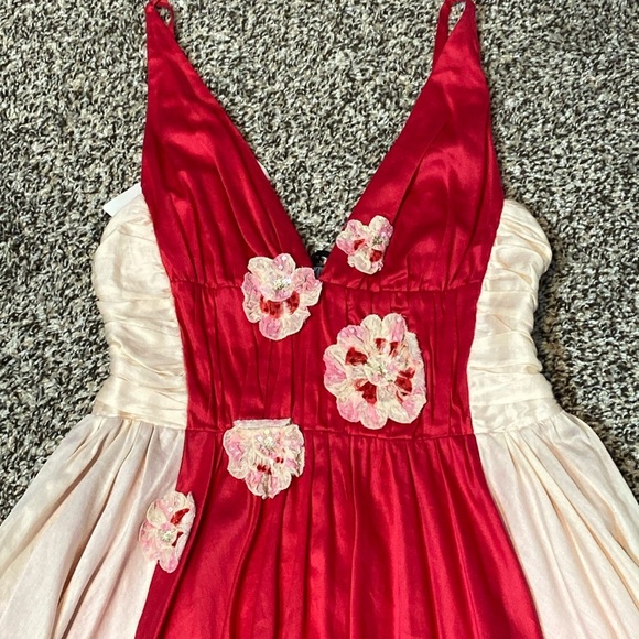 Celyn B. Elisabetta Franchi Red and Cream Pleated Embellished Mini Dress - Picture 4 of 9